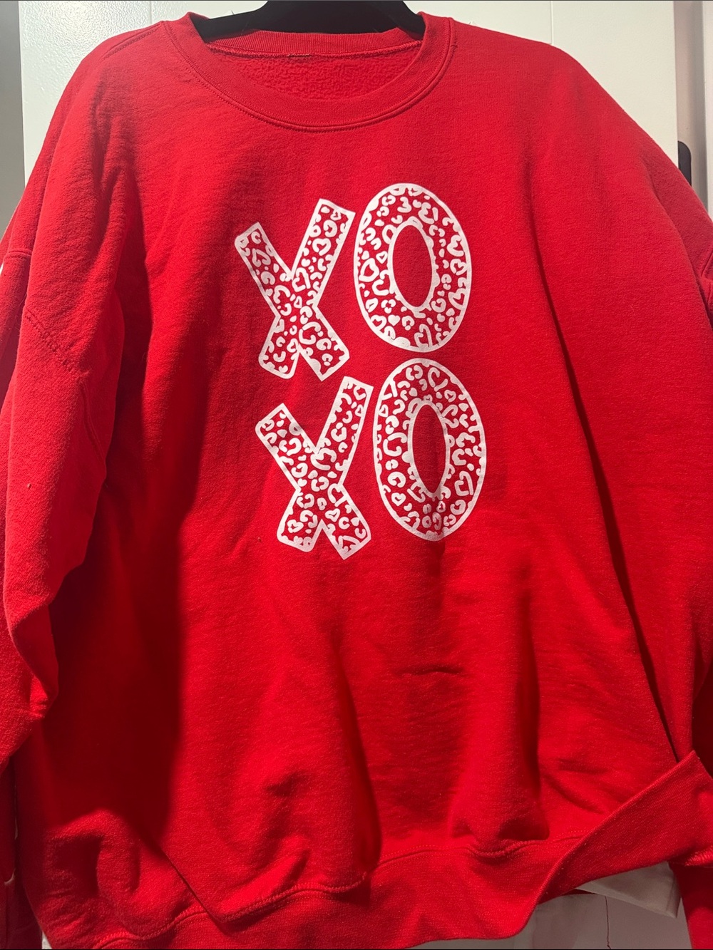 Gildan Red Sweatshirt with White Leopard XOXO Graphic